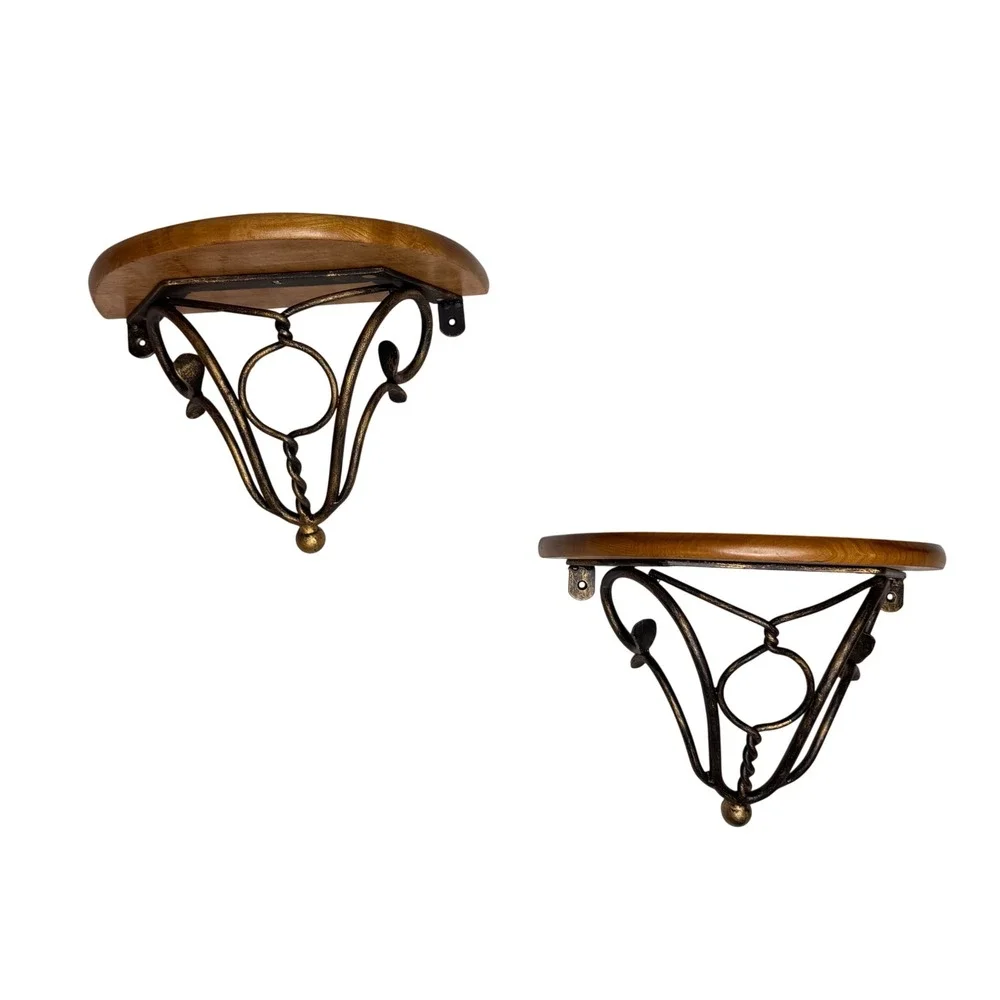 Set of 2 Wood and Scrolled Metal Wall Floating Shelves Sconces Half Moon 13x7